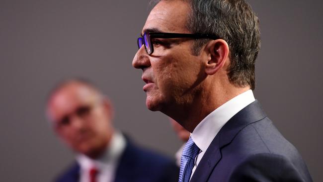 Steven Marshall, right, and Jay Weatherill, left, during the Sky News/Advertiser People’s Forum. Picture: AAP / Tracey Nearmy