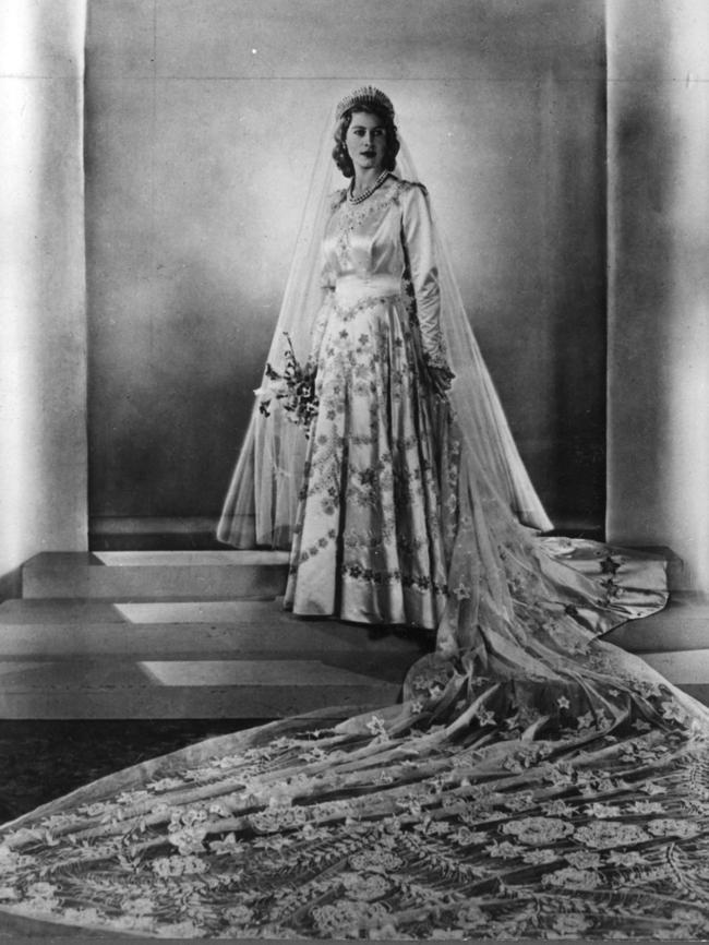Princess Elizabeth (later Queen Elizabeth II) in her wedding dress created by designer Norman Hartnell, in 1947.