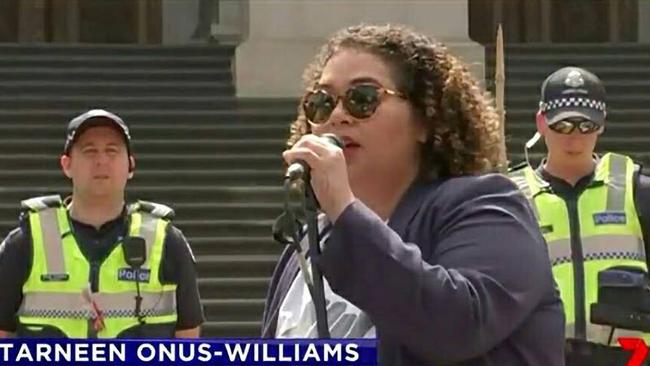 Tarneen Onus-Williams speaking at the Invasion Day rally in Melbourne. Picture: Channel Seven