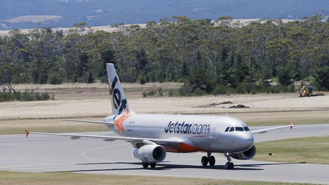 A Jetstar flight on the tarmac at Hobart Airport. Picture: MATT THOMPSON