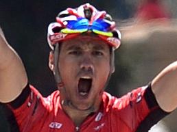 Eloy Teruel mistakenly raises his arms, thinking he had won the seventh stage of the Tour of California cycling race in Pasadena, Calif., Saturday, May 17, 2014. There was one more lap of a 3.1-mile (5-km) circuit to go. Peter Sagan won the stage. (AP Photo/Pasadena Star-News, Sarah Reingewirtz) MAGS OUT NO SALES