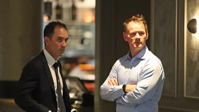 MELBOURNE, AUSTRALIA - MAY 03:  Justin Langer, coach of Australia speaks with high performance manager Pat Howard during a press conference on May 3, 2018 in Melbourne, Australia. Langer has been appointed the Team Head Coach of the Australian men's cricket team, replacing Darren Lehmann who resigned in the wake of the ball tampering scandal.  (Photo by Scott Barbour/Getty Images)