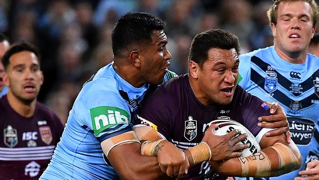 Daniel Saifiti of the Blues tackles Josh Papalii of the Maroons during Game 3 of the 2019 State of Origin series between the New South Wales Blues and the Queensland Maroons at ANZ Stadium in Sydney, Wednesday, July 10, 2019. (AAP Image/Dean Lewins) NO ARCHIVING, EDITORIAL USE ONLY