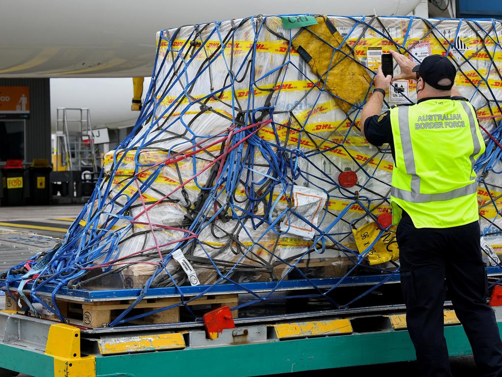 The first Australian shipment of the Pfizer vaccine. Picture: Bianca De Marchi