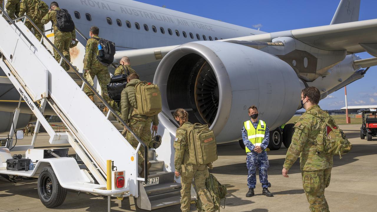 A contingent of air force and army personnel board a waiting KC-30A multi-role tanker transport aircraft at RAAF Base Amberley bound for the Middle East to support evacuation efforts in Afghanistan. Picture: ADF CPL Brett Sherriff