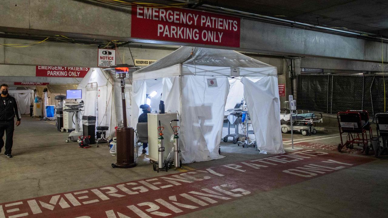 A temporary emergency room, built into a parking garage in California as hospitals fill up with COVID-19 cases. Picture: Apu Gomes/AFP