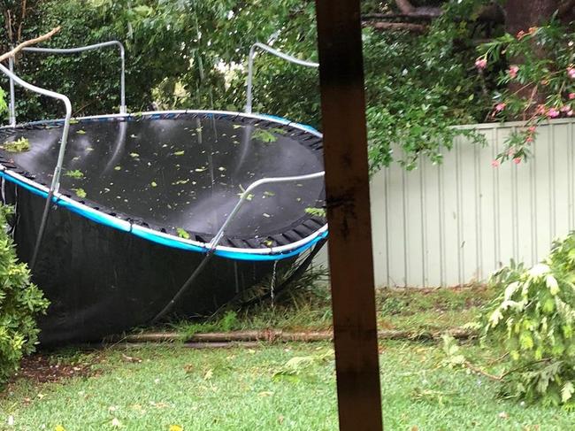 A trampoline up-ended and was thrown against a fence in a Caringbah backyard yesterday. Picture: Instagram