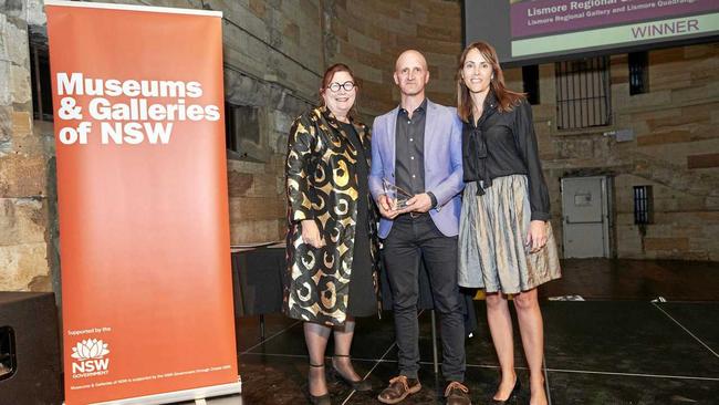 Museums & Galleries of NSW Chair Jennifer Barrett with Gallery Director Brett Adlington and Gallery Administrator Sarah Harvey. Picture: Tim da-Rin photography