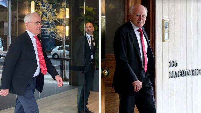 Former PMs Malcolm Turnbull (left) and John Howard are seen at the Australia Club. Pictures: Jane Dempster, Supplied