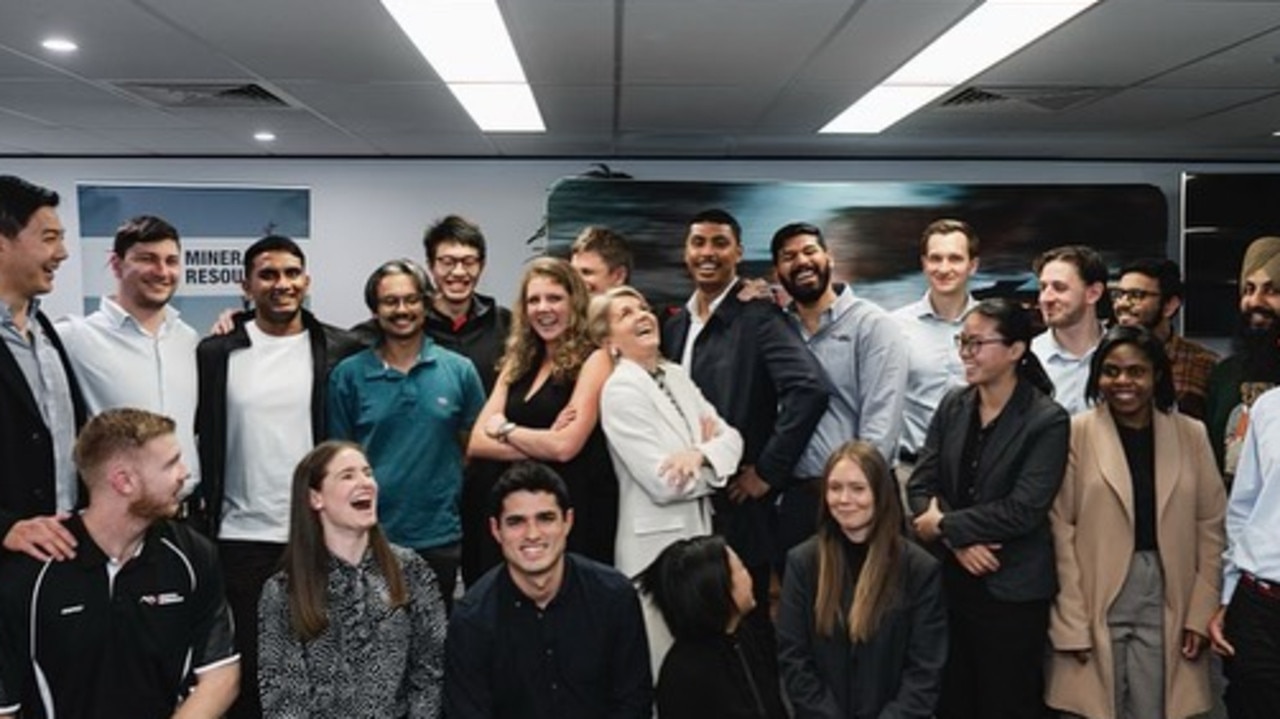 Julie Bishop laughing with employee graduates at a recent Mineral Resources professional development program. Picture: Instagram/honjuliebishop