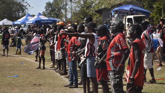 The Thunder supporters and coaches watching on during the Tiwi Island Football League grand final between Tuyu Buffaloes and Pumarali Thunder. Picture: Max Hatzoglou