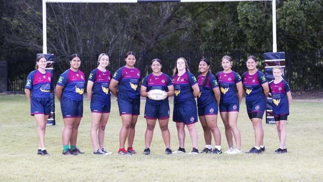 L-R: Tarleah Fisher-Pearson, Lishainah Ulugia, Ariana Henderson, Lina Tanielu, Shalom Sauaso, Rilee Jorgensen, Dmaris Setu, Tiresa Elika, Summer Hoet and Amber Collins posing at Ipswich State High School, 1 Hunter St, Brassall, Brisbane, 20th of May 2021. (News Corp/Attila Csaszar)