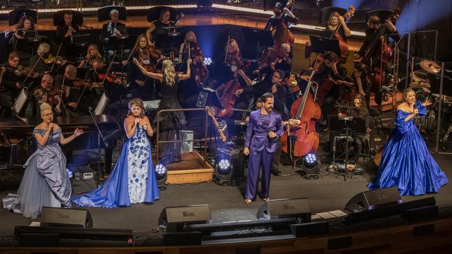 To Barbra With Love singers Katie Noonan, Caroline O’Connor, Ryan Gonzales and Elisa McCann, with the Melbourne Symphony Orchestra. Pictures: Supplied