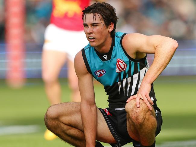 ADELAIDE, AUSTRALIA - JUNE 22: Connor Rozee of the Power after being winded during the 2024 AFL Round 15 match between the Port Adelaide Power and the Brisbane Lions at Adelaide Oval on June 22, 2024 in Adelaide, Australia. (Photo by Sarah Reed/AFL Photos via Getty Images)