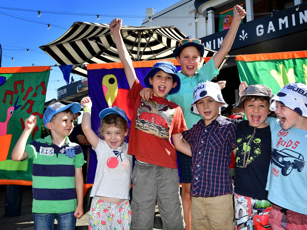 Hugh Gentilcore, 4, Lani Leybourne, 4, Rhys Gentilcore, 9, Luca Ankeny, 9, Liam Edwards, 6, Clay Gentilcore, 7, and Louis Leybourne, 5, at Port Adelaide for the Stage 1 start. Picture: Bianca De Marchi