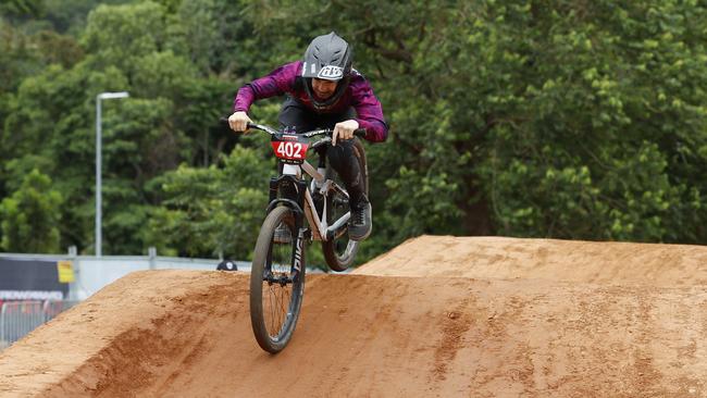 Australia's first Crankworx mountain bike festival has begun, with a 5 day event being held at the Smithfield Mountain Bike Park. Cody Owen from Canberra competed in the Under 15s men's pump track challenge. Picture: Brendan Radke