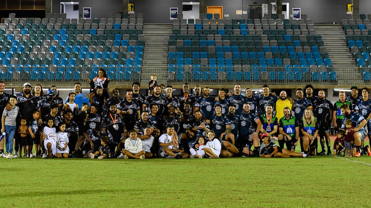 The Territory All Stars and Indigenous All Stars come together post match in the 2023 Deadly Cup Carnival. Picture: Pema Tamang Pakhrin