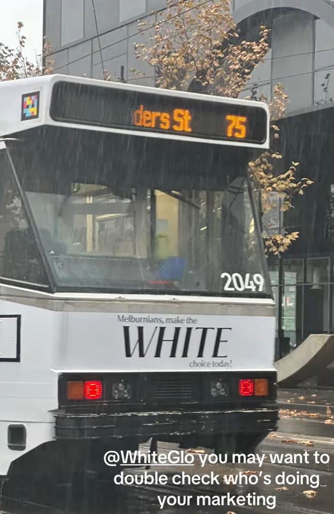 The slogan, ‘Make the white choice’, has appeared across countless Sydney and Melbourne buses and trams. Picture: TikTok/hangrymelbourne