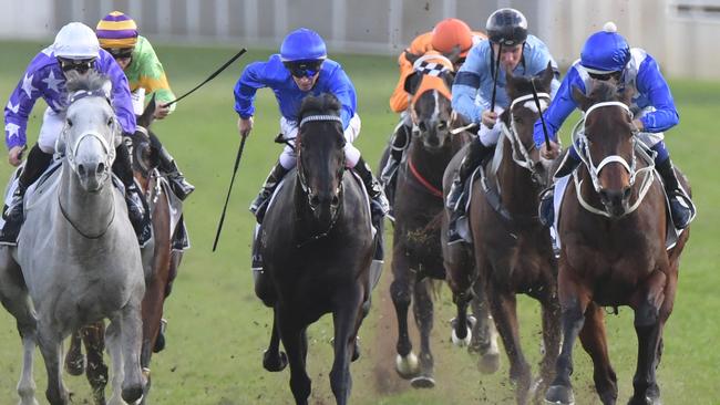 Here we go: Winx (right) winds up for the final surge. Picture: AAP
