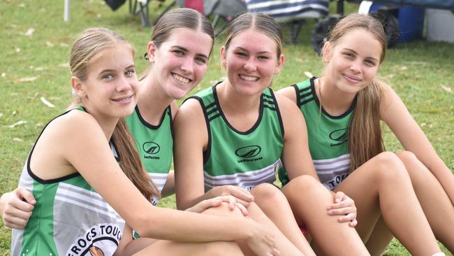 All Stars' players Brooke Hill, Dominique Sleaford, Ella Williams and Tamzyn Hogarth at the Red Rooster Junior Touch Carnival at Cyril Connell Fields, Rockhampton, on November 5, 2022.