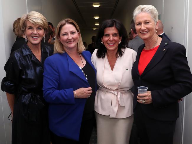 Wednesday night’s Crossbench Christmas Party in Parliament House. Julie Bishop, Rebehka Sharkie, Julia Banks and Dr Kerryn Phelps at the gathering.