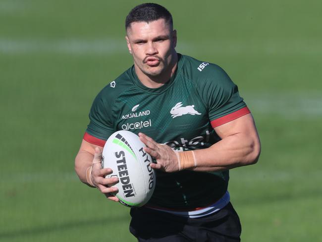 James Roberts runs the ball during a South Sydney Rabbitohs training session at Redfern Oval in Sydney, Saturday, May 23, 2020. (AAP Image/Mark Evans) NO ARCHIVING