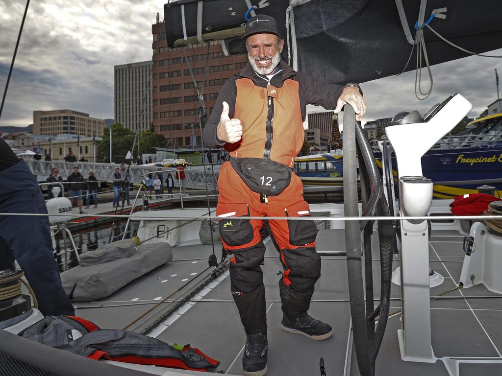 Alive skipper Duncan Hine as Alive claimed line honours in the 2020 Launceston to Hobart yacht race. Picture: Zak Simmonds