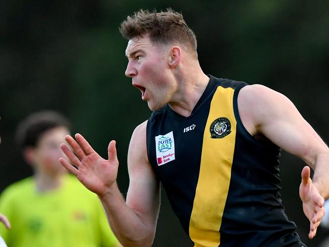 A Woori Yallock player celebrates kicking a goal during the round ten Outer East Football Netball League Premier Data Premier Division Seniors match between Narre Warren and Woori Yallock at Kalora Park, on June 22, 2024, in Melbourne, Australia. (Photo by Josh Chadwick)