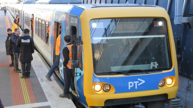 The first Mernda test train gets ready to leave South Morang station. Picture: Darren Peters