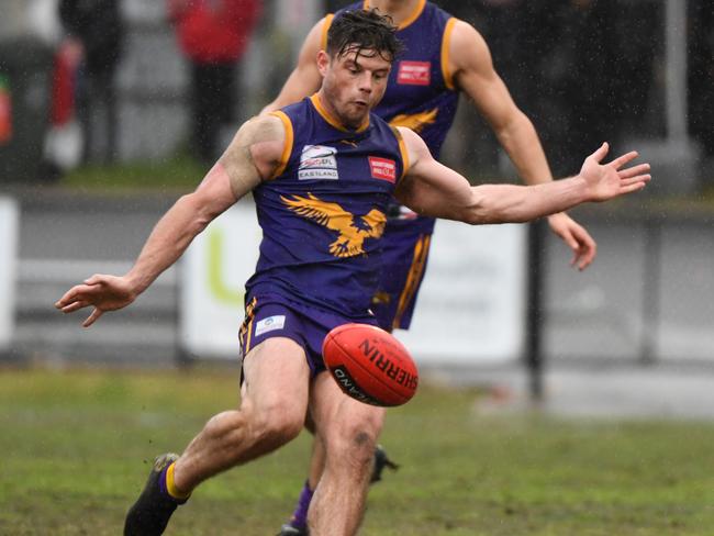 Lachie Johns takes a snap at goal. Picture: James Ross