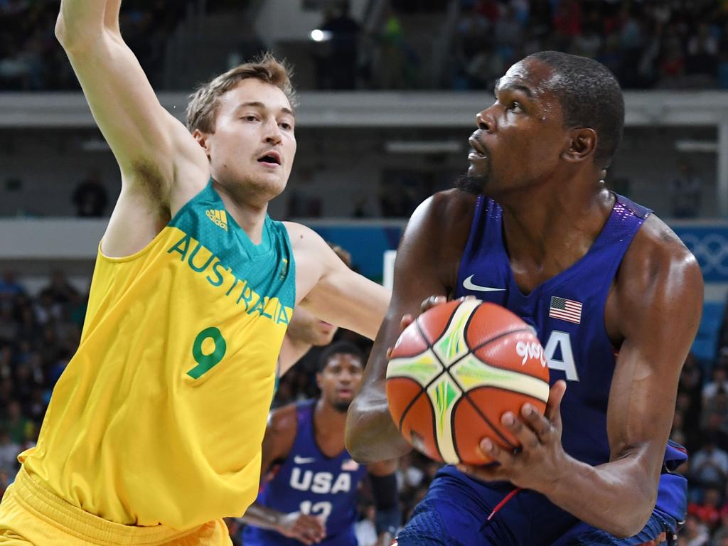 Broekhoff guarding one of the world’s best players, Team USA star Kevin Durant during the Rio 2016 Olympic Games. Picture: Mark Ralston