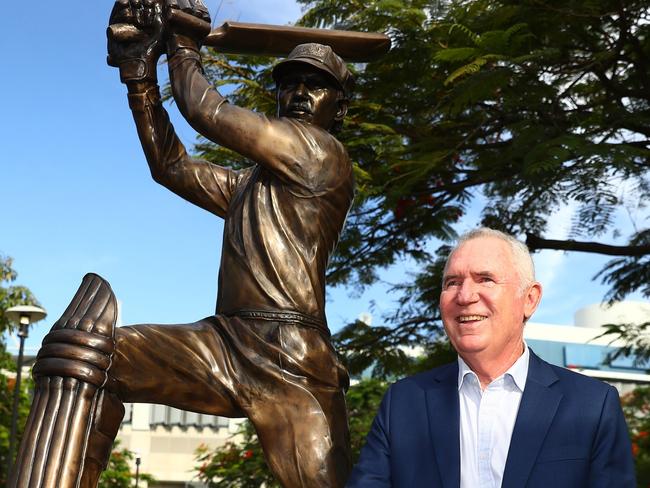 BRISBANE, AUSTRALIA - DECEMBER 07: Allan Border poses at the unveiling of The Allan Border statue at The Gabba on December 07, 2021 in Brisbane, Australia. (Photo by Chris Hyde/Getty Images)