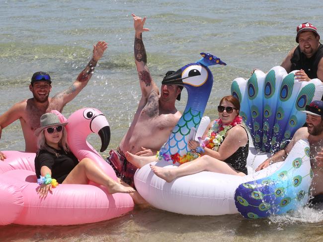 Dalton Price, Laura Pettenon, Brent Cadman, Justin Wilbur, Corrine Brown and Mitchell Gibbons, all from Sunbury, at Rosebud beach for New Year’s Eve 2017. Picture: Stuart Milligan