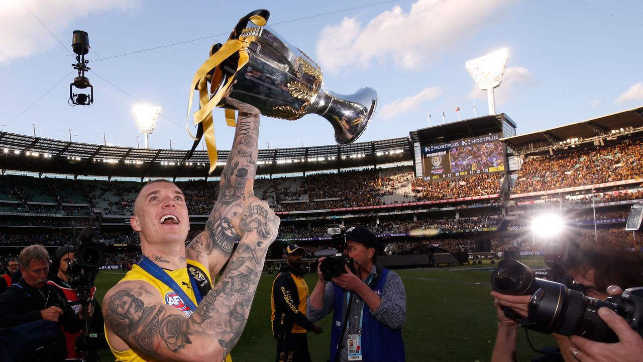 MELBOURNE, VICTORIA - SEPTEMBER 30: Dustin Martin of the Tiger celebrates afterthe 2017 AFL Grand Final match between the Adelaide Crows and the Richmond Tigers at Melbourne Cricket Ground on September 30, 2017 in Melbourne, Australia. (Photo by Darrian Traynor/AFL Media/Getty Images)