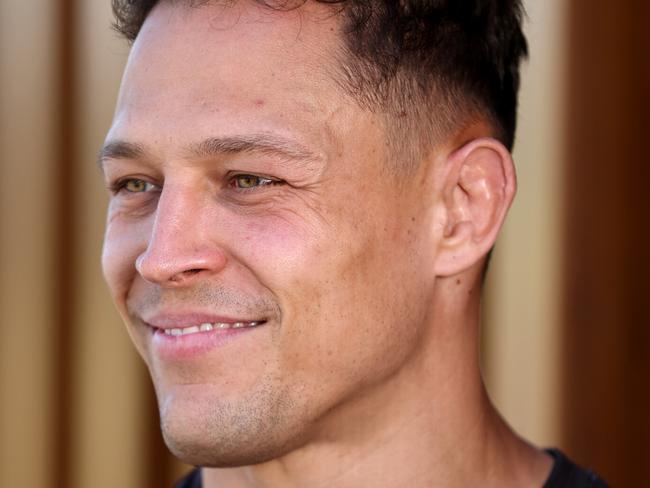 PENRITH, AUSTRALIA - OCTOBER 01: Scott Sorensen of the Panthers speaks to the media following a Penrith Panthers NRL training session at BlueBet Stadium on October 01, 2024 in Penrith, Australia. (Photo by Brendon Thorne/Getty Images)