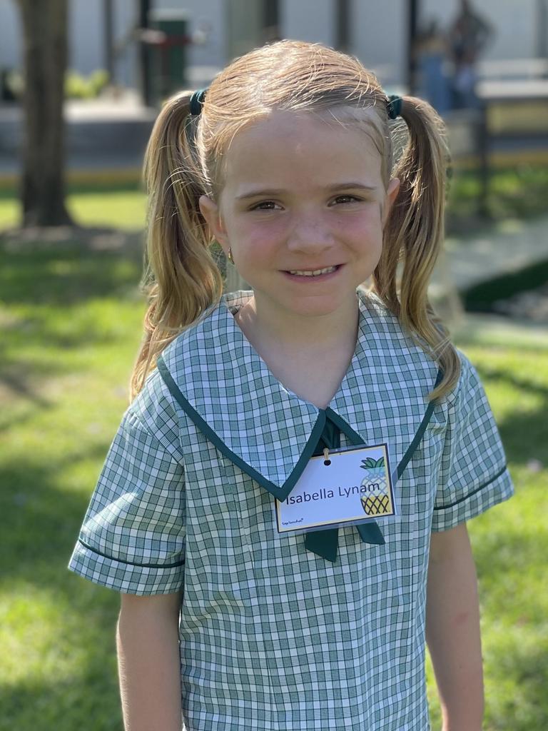 Isabella Lynam ready for the first day of school in 2024 at Carbrook State School. Pictures: Elliott Turner