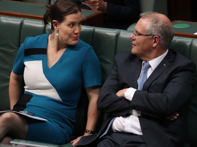 Kelly O'Dwyer with Scott Morrison in the House of Representatives in Parliament House in Canberra. Picture Gary Ramage