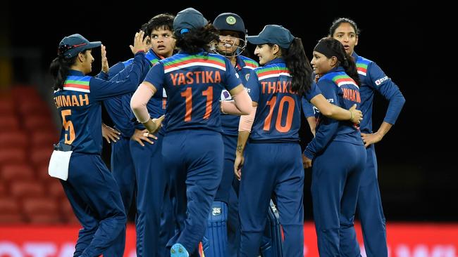 The Indians celebrate the wicket of Lanning. Picture: Getty Images