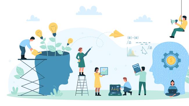 Exchange of knowledge, creative innovation in business community vector illustration. Cartoon tiny people work on growth of light bulbs, holding pencil and calculator to develop and upgrade ideas