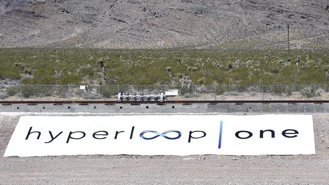 This file photo shows test sled propelled along a set of tracks during the first test of the propulsion system at the Hyperloop One Test and Safety site in North Las Vegas, Nevada. Picture: David Becker