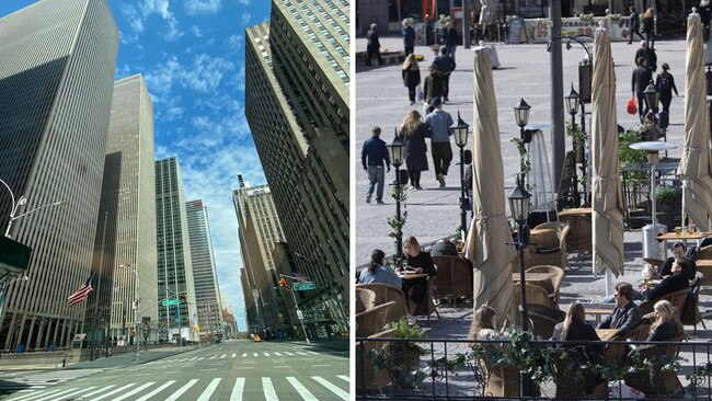 A deserted street in Manhattan, New York during coronavirus lockdown, left, as crowds sip coffee in the sunshine in Stockholm in Sweden, right.