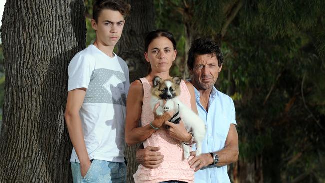 Jessica’s brother Jack, mum Melinda and stepdad Dave Graham with the teenager’s new dog Pepsi. Picture: Simon Bullard