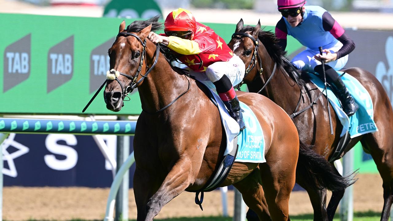 Supplied Editorial King Of Sparta wins on the Gold Coast for the third year in a row  under jockey James McDonald. Picture: Grant Peters - Trackside Photography.