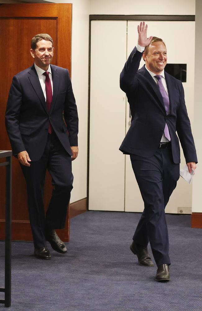 Queensland's new Premier Steven Miles arrives to the Caucus meeting at Parliament House with new Deputy Premier Cameron Dick. Picture: Annette Dew