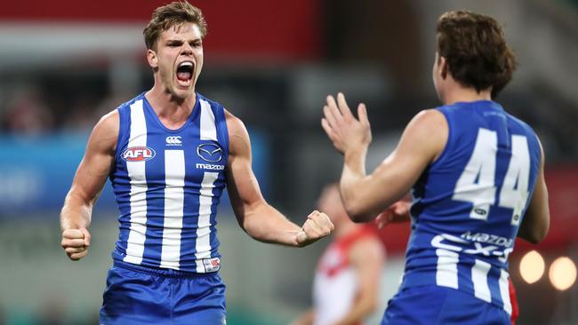 Mason Wood celebrates his match-winning goal against Sydney.