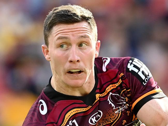 BRISBANE, AUSTRALIA - JULY 04: Tyson Gamble of the Broncos passes the ball during the round 16 NRL match between the Brisbane Broncos and the Cronulla Sharks at Suncorp Stadium, on July 04, 2021, in Brisbane, Australia. (Photo by Bradley Kanaris/Getty Images)