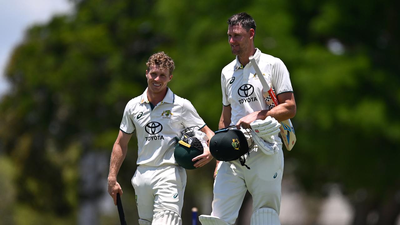 Nathan McSweeney and Beau Webster of Australia A leave the field after their victory Great Barrier Reef Arena on November 03, 2024 in Mackay. (Photo by Albert Perez/Getty Images)