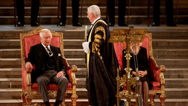 Speaker of the House of Commons Lindsay Hoyle with King Charles III and Camilla, Queen Consort, in Westminster Hall at the Houses of Parliament on September 12.