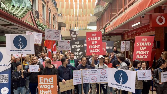 The rally in Adelaide's Chinatown to protest against wage theft at the weekend. Photos; Tricia Watkinson