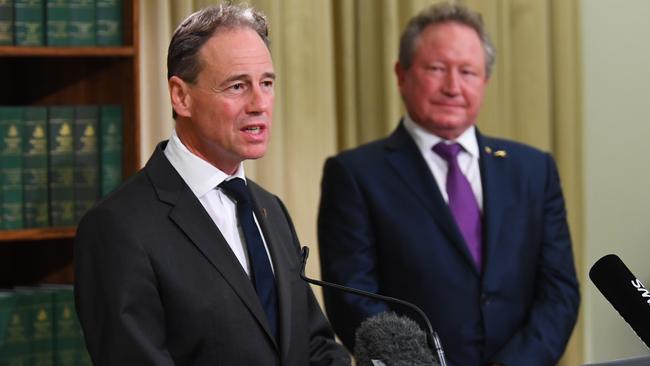 Andrew Forrest with Health Minister Greg Hunt during a press conference last week. Picture: AAP/James Ross